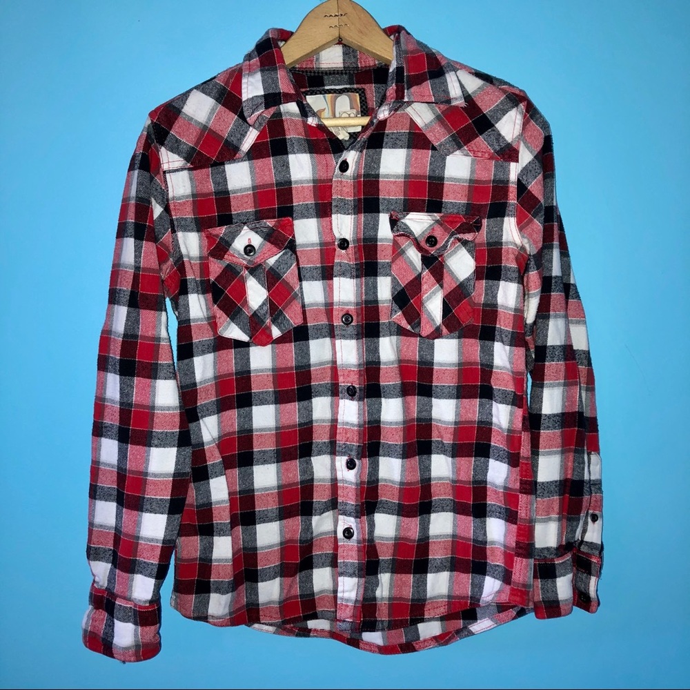 Red White Plaid Flannel Button Down Country Lumberjack S